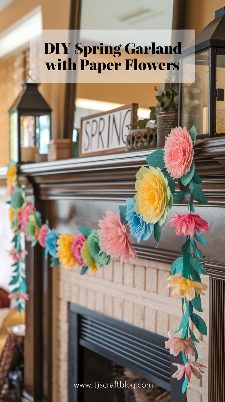 DIY Spring Garland with Paper Flowers Add a festive touch to your mantelpiece or staircase with this cheerful paper flower garland. This project is a great way to use up scrap paper and add a pop of color to your home.