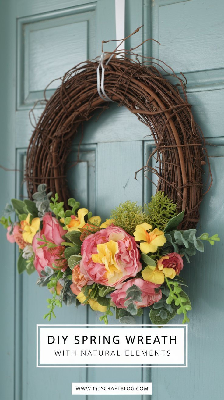 DIY Spring Wreath With Natural Elements Welcome guests with a charming spring wreath made from natural elements like twigs, moss, and flowers. This rustic wreath brings a touch of the outdoors to your front door.