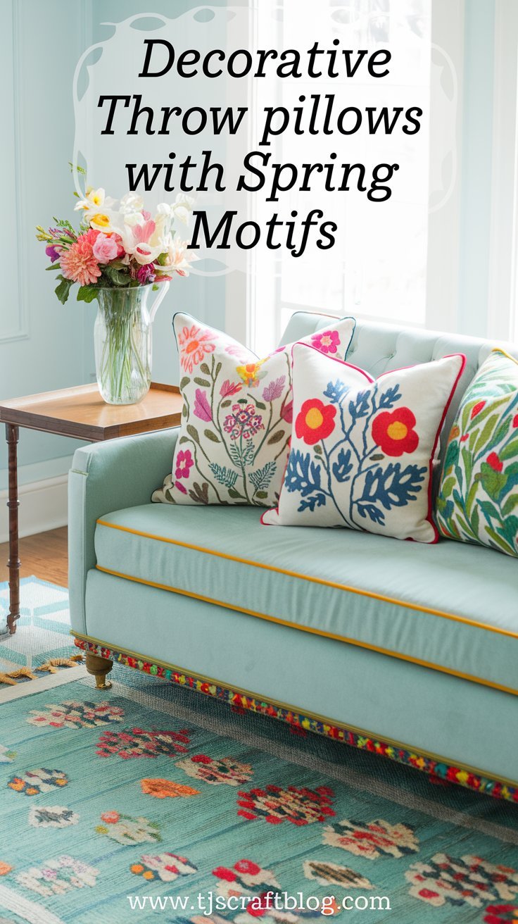 Decorate Throw Pillows with a Spring Motif Add a pop of spring to your sofa or bed with these DIY throw pillows. Choose fabrics with floral patterns, pastel colors, or spring-themed designs.