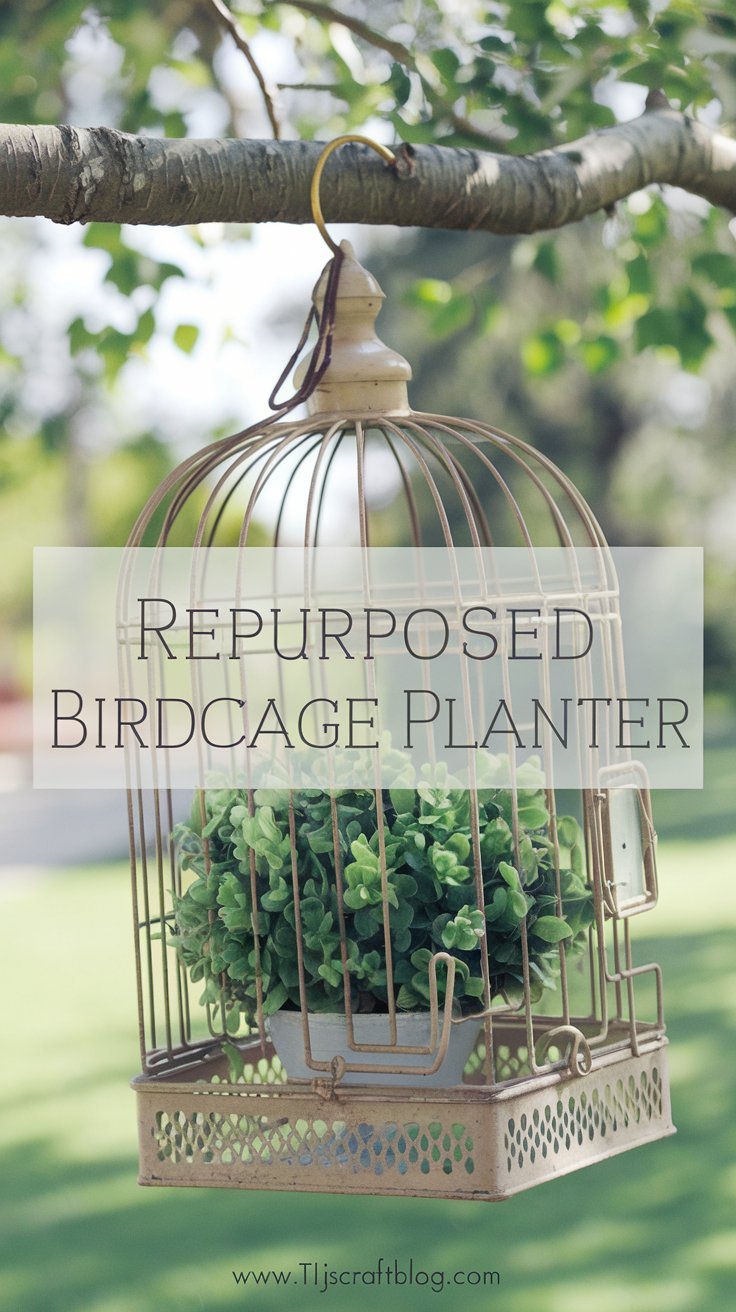Repurposed Birdcage Planter Give an old birdcage a new purpose by transforming it into a whimsical planter. This unique hanging planter adds a touch of vintage charm to your porch or patio.