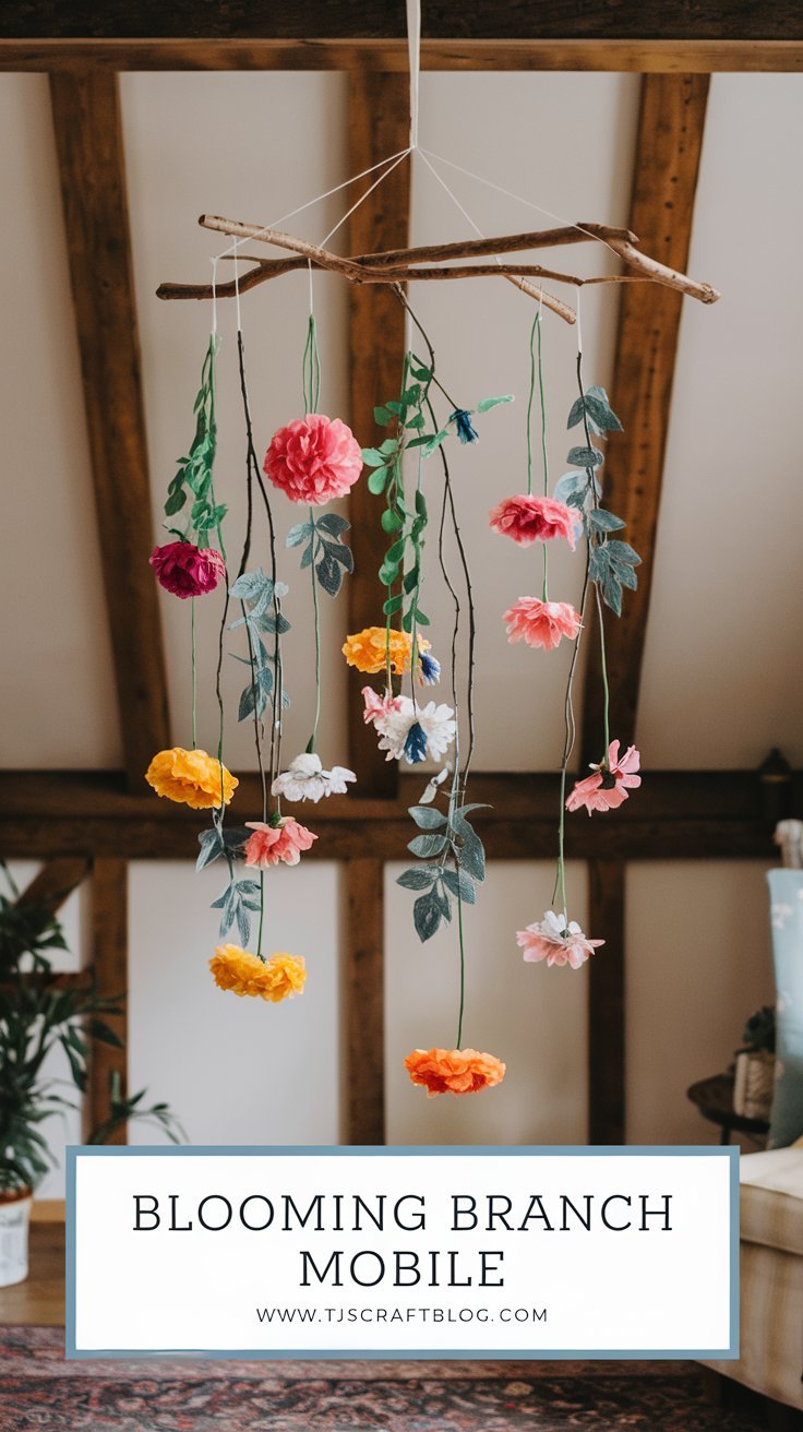Spring Decor DIY Blooming Branch Mobile Bring the beauty of blossoming branches indoors with this whimsical mobile. It's a simple yet elegant way to add a touch of spring to any room.