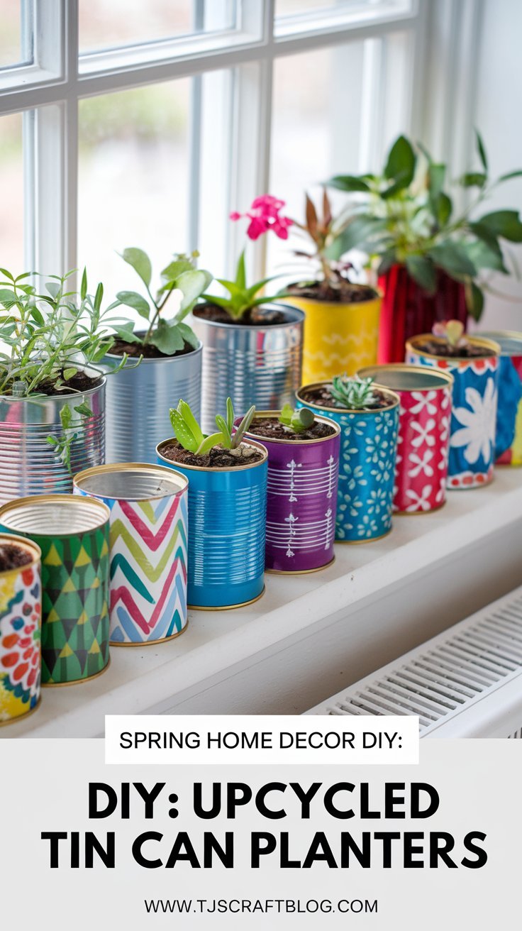 Spring Decor Tin Can Planters A collection of colorful, painted tin cans filled with small plants, arranged on a windowsill