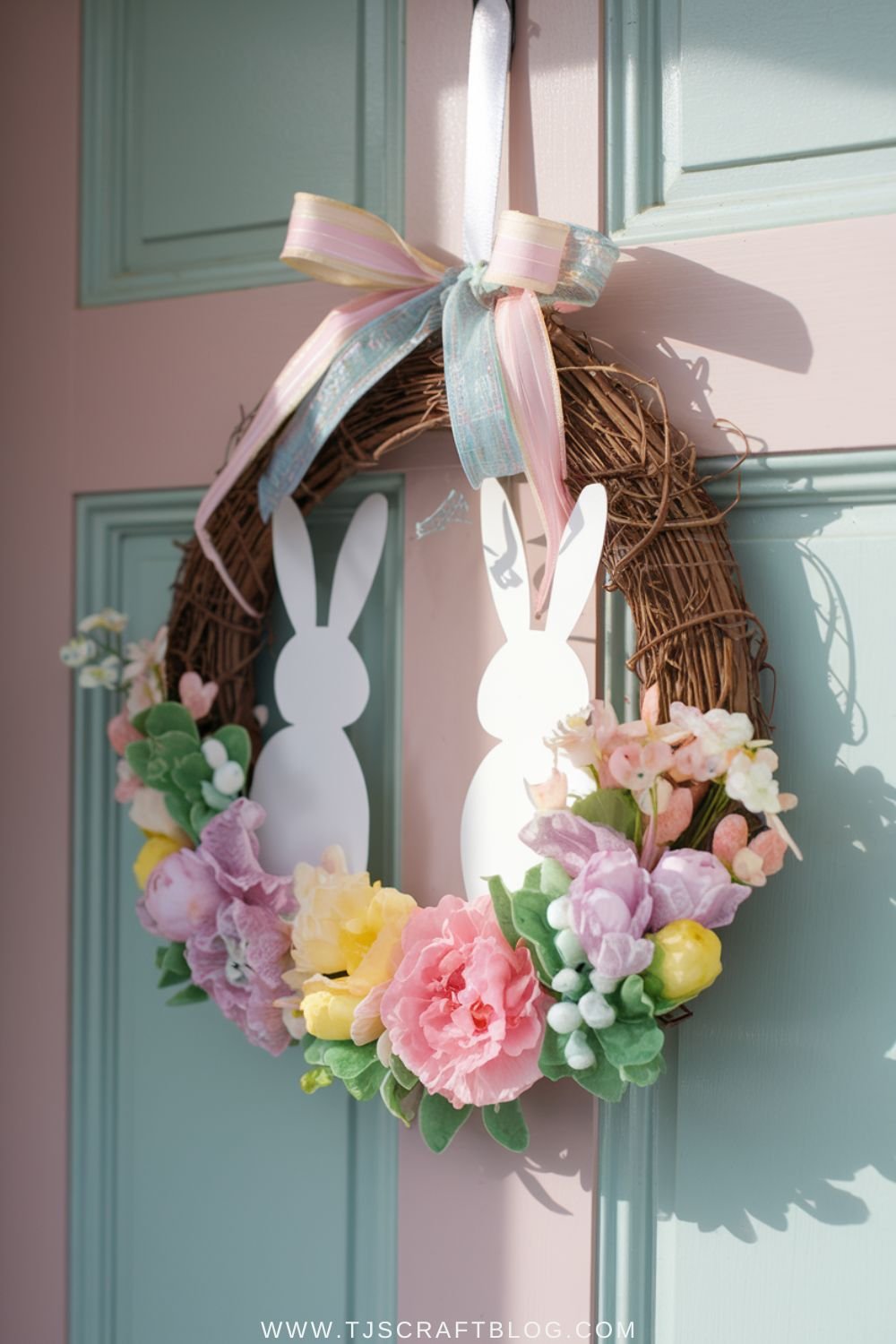 Want to add a festive touch to your front door? This DIY Bunny-Themed Wreath is the perfect Easter decoration! 🐰🌸 Use faux flowers, pastel ribbons, and cute bunny cutouts for a beautiful spring wreath. Simple, fun, and budget-friendly! #EasterDecor #SpringDIY