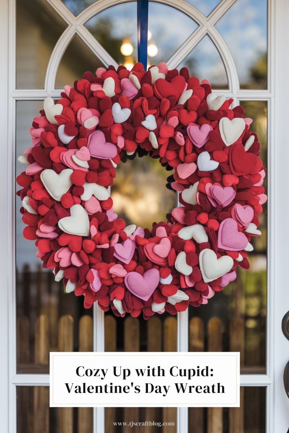 Cozy Up with Cupid_ Valentines Day Wreath Welcome guests with a festive Valentine's Day wreath adorned with felt hearts, ribbons, and other embellishments. This DIY wreath is a beautiful and welcoming addition to your front door or any room in your home.
