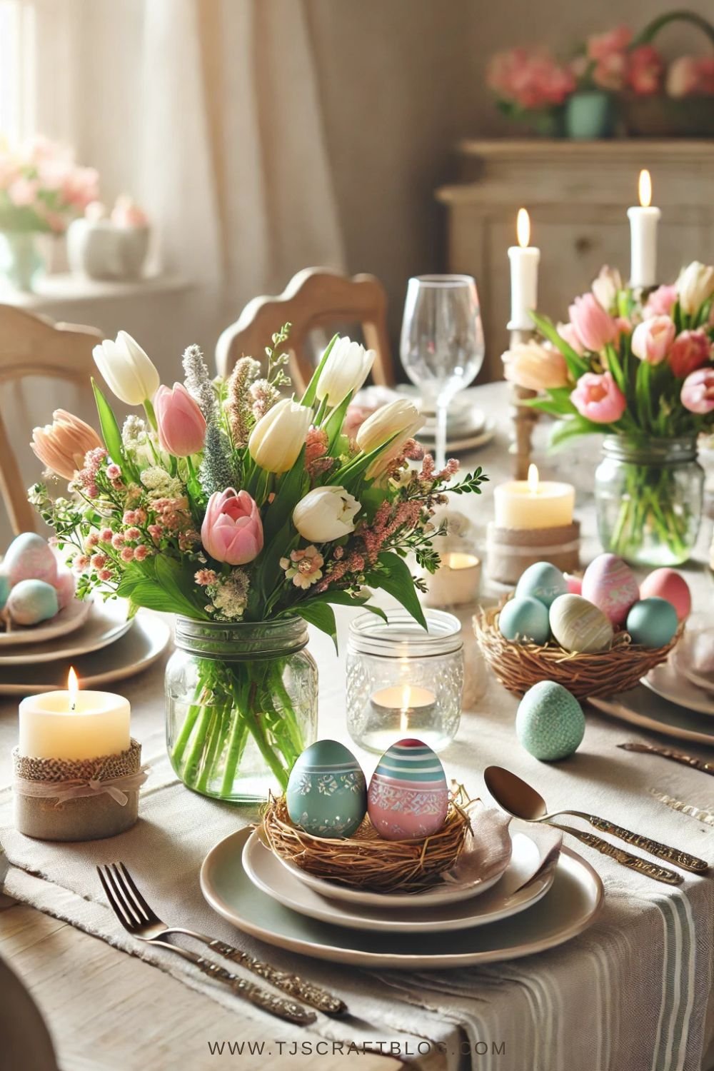 Make your Easter table shine with these DIY floral centerpieces! 🌸🌿 Arrange fresh tulips, daffodils, and Easter eggs in vases or mason jars for a festive, elegant look. Perfect for Easter brunch or dinner table decor! ✨ Save this idea for later! #EasterDecor #SpringTablescape
